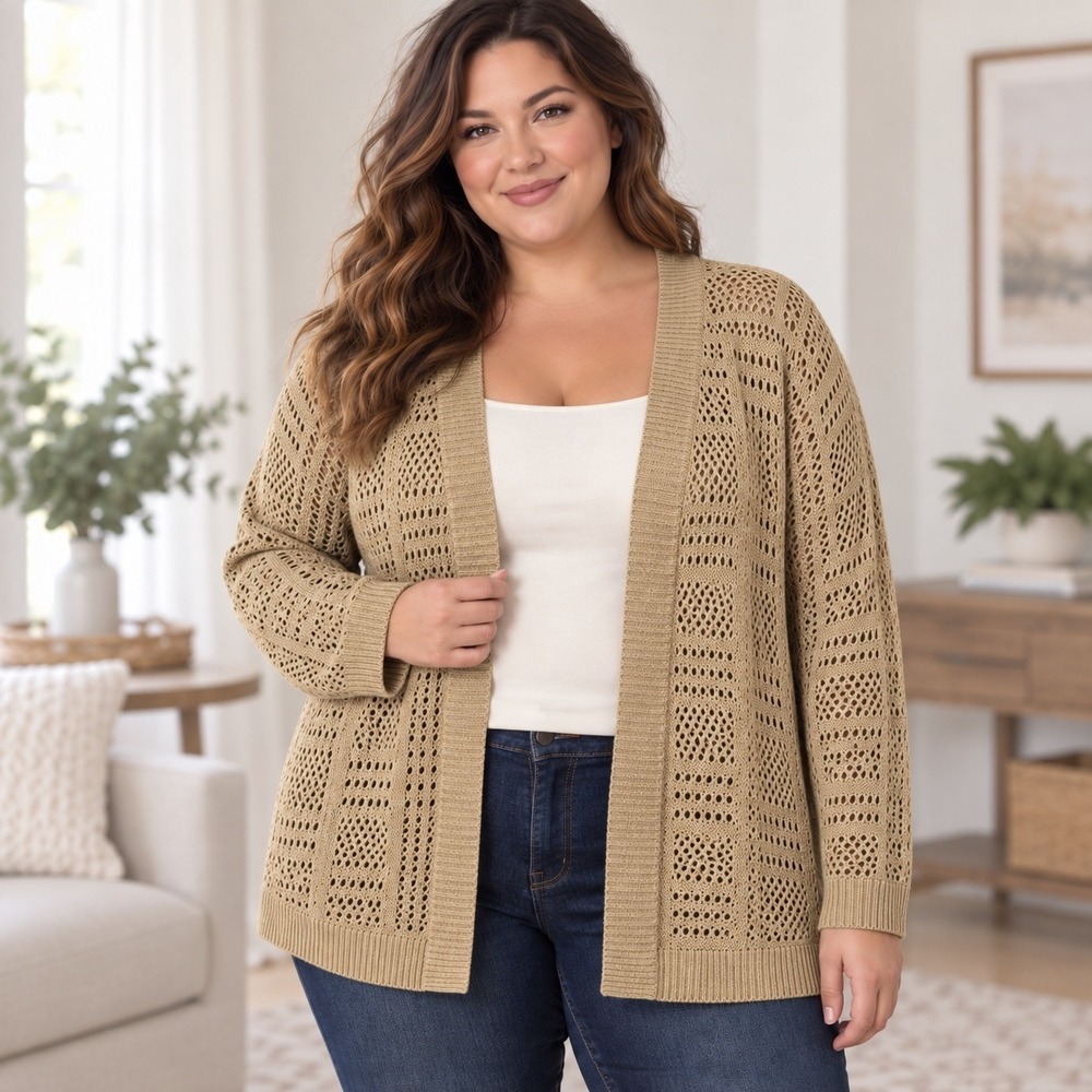 Lane Bryant Womens Plus 22/24 Camel Tan Pointelle Open Front Cardigan NWT 618795